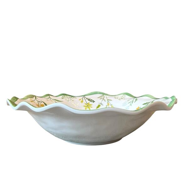 Shabby Chic Green Floral Bumblebee Melamine Serving Bowl 14" Round Scalloped NEW - Picture 9 of 13